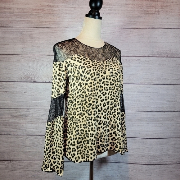 ZARA Basic Collection Leopard Print Blouse with Blace Lace Accents Tan Size XS - Picture 4 of 8